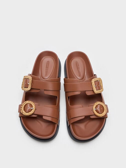 Woven-Buckle Double-Strap Sandals, Brown, hi-res
