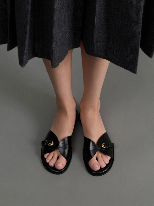 Buckled-Strap Slide Sandals, Black Box, hi-res