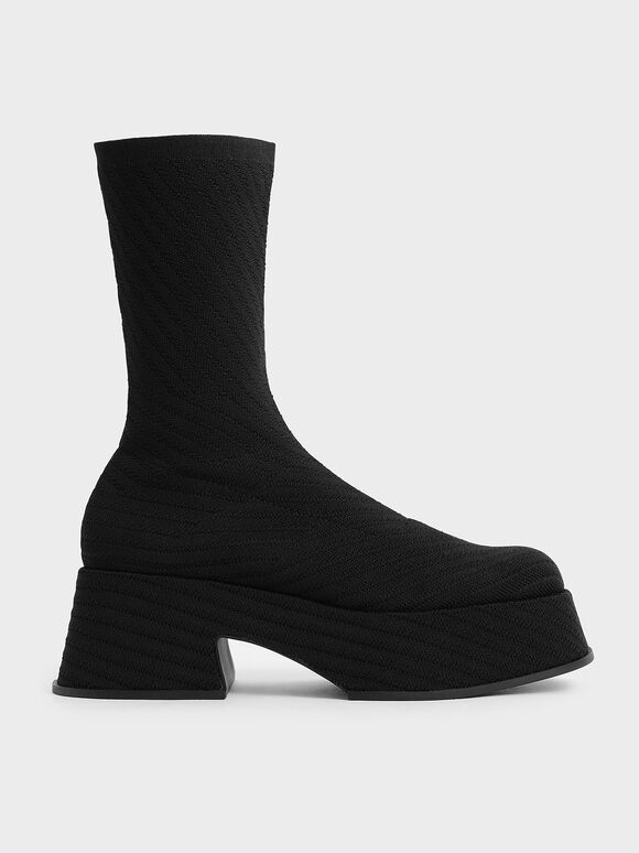 Knitted Platform Sock Boots, Black, hi-res