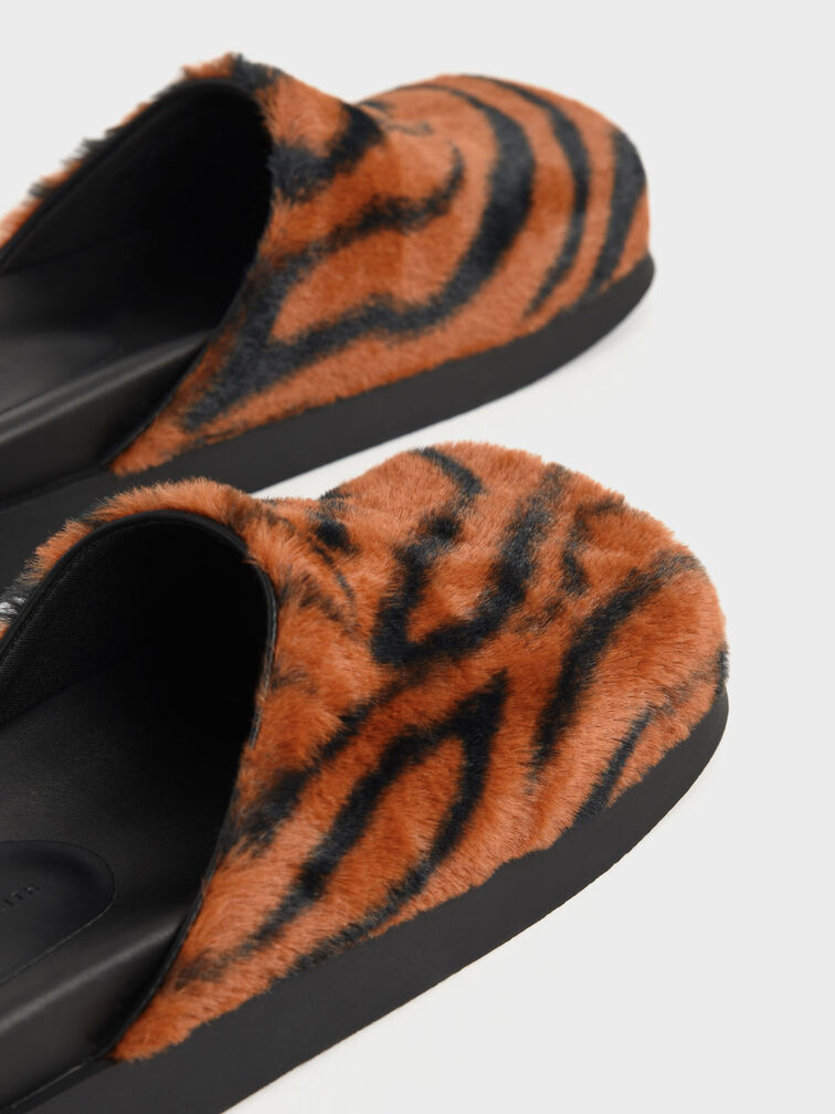 Marcy Furry Flat Mules, Animal Print Orange, hi-res