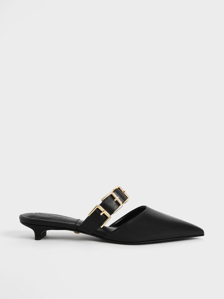 Buckled Leather Kitten Heel Mules, Black, hi-res