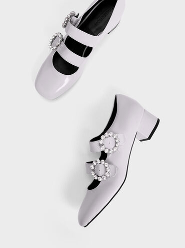 Embellished Buckle Patent Mary Janes, Lilac, hi-res