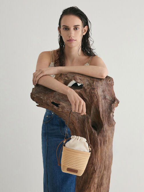 Girls' Ida Knitted Bucket Bag, Beige, hi-res