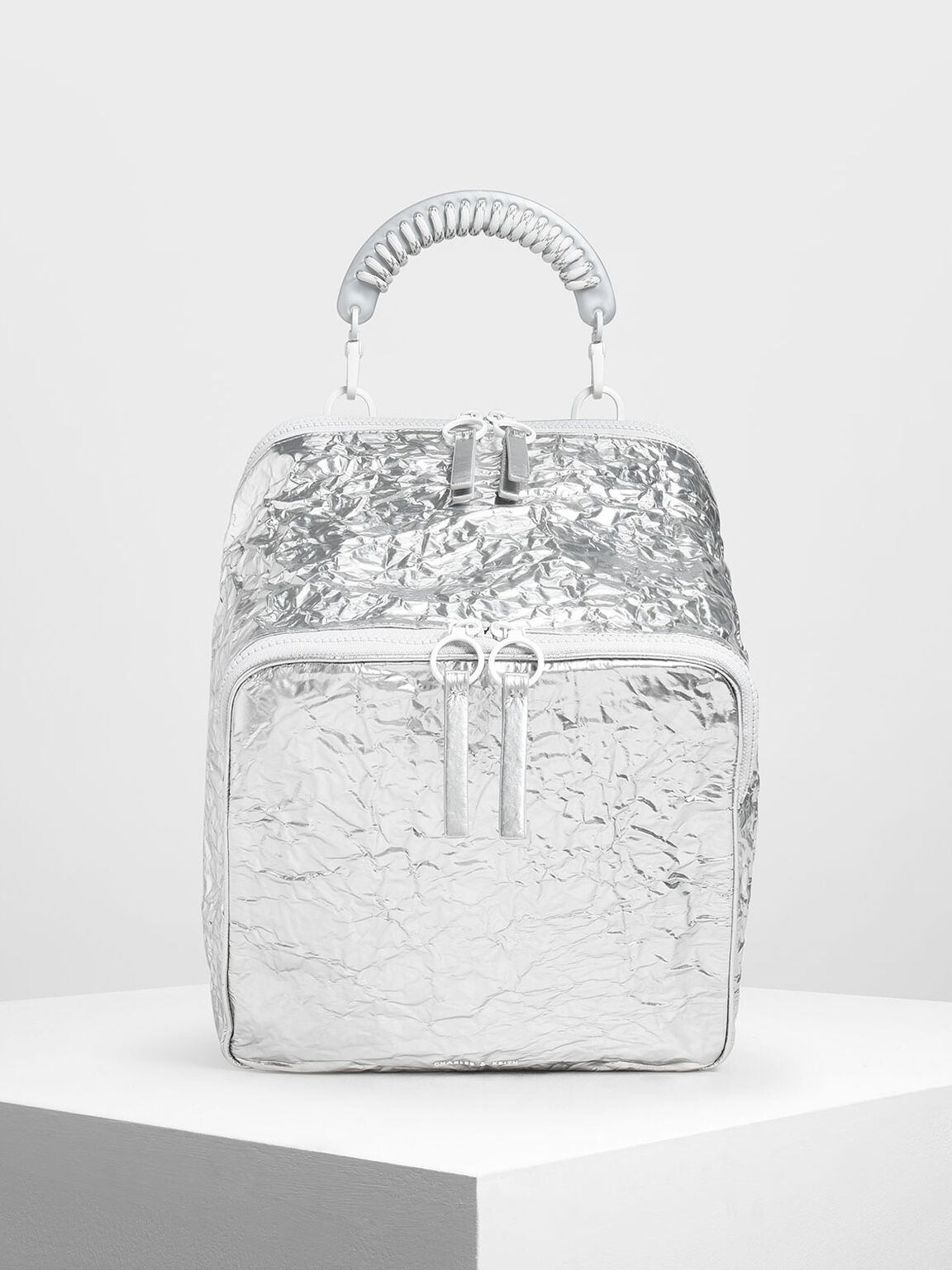 Rope Handle Wrinkled Effect Metallic Backpack, Silver, hi-res