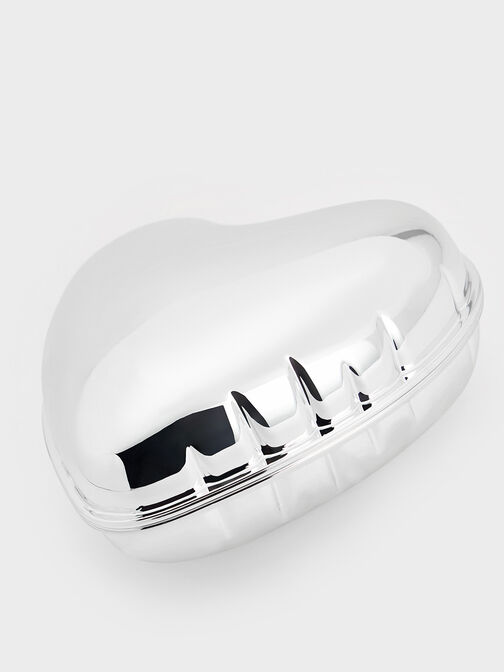 Bolso de mano metálico tipo corazón, Plateado, hi-res
