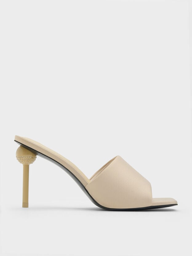 Satin Crystal Ball-Heel Mules, Gold, hi-res