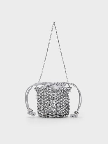 Beaded Chain-Handle Bucket Bag, Silver, hi-res