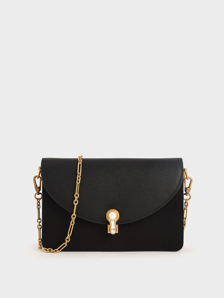 Textured Turn-Lock Clutch, Black, hi-res