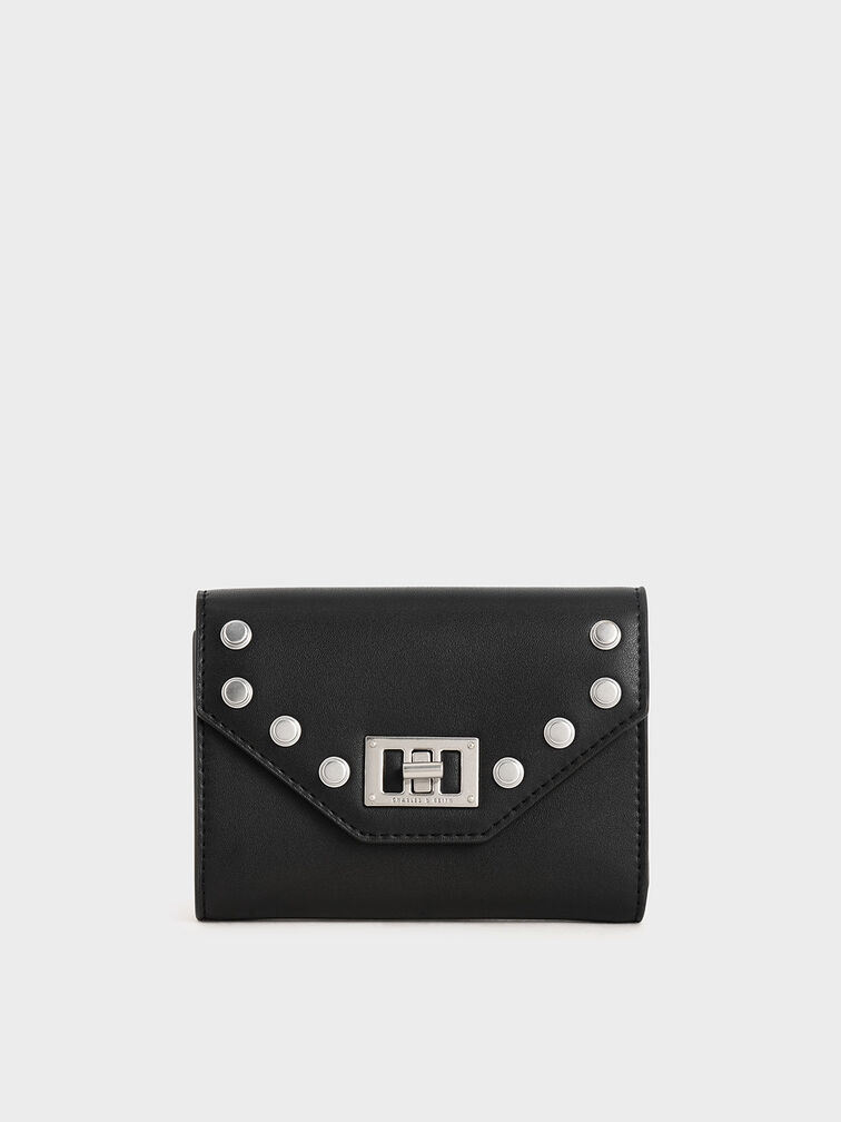 Studded Small Wallet, Black, hi-res