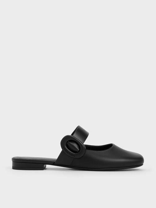 Oval-Buckle Flat Mules, Black, hi-res