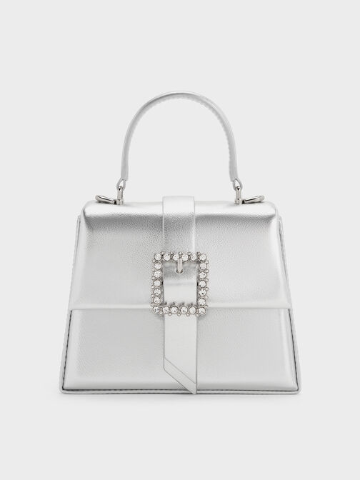 Metallic Crystal-Buckle Belted Top Handle Bag, Silver, hi-res