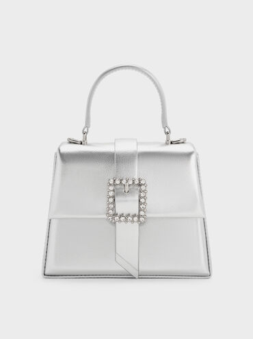 Metallic Crystal-Buckle Belted Top Handle Bag, Plateado, hi-res