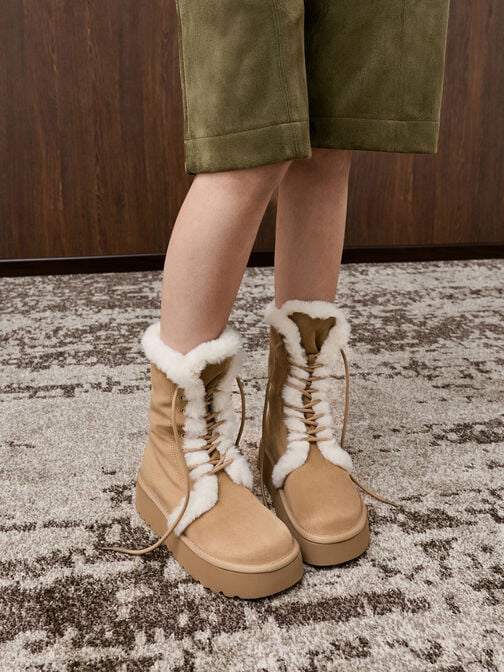 Faux Suede & Faux Fur Foldover Flatform Boots, Sand, hi-res