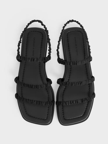 Recycled Polyester Ruched Strappy Sandals, Black Textured, hi-res