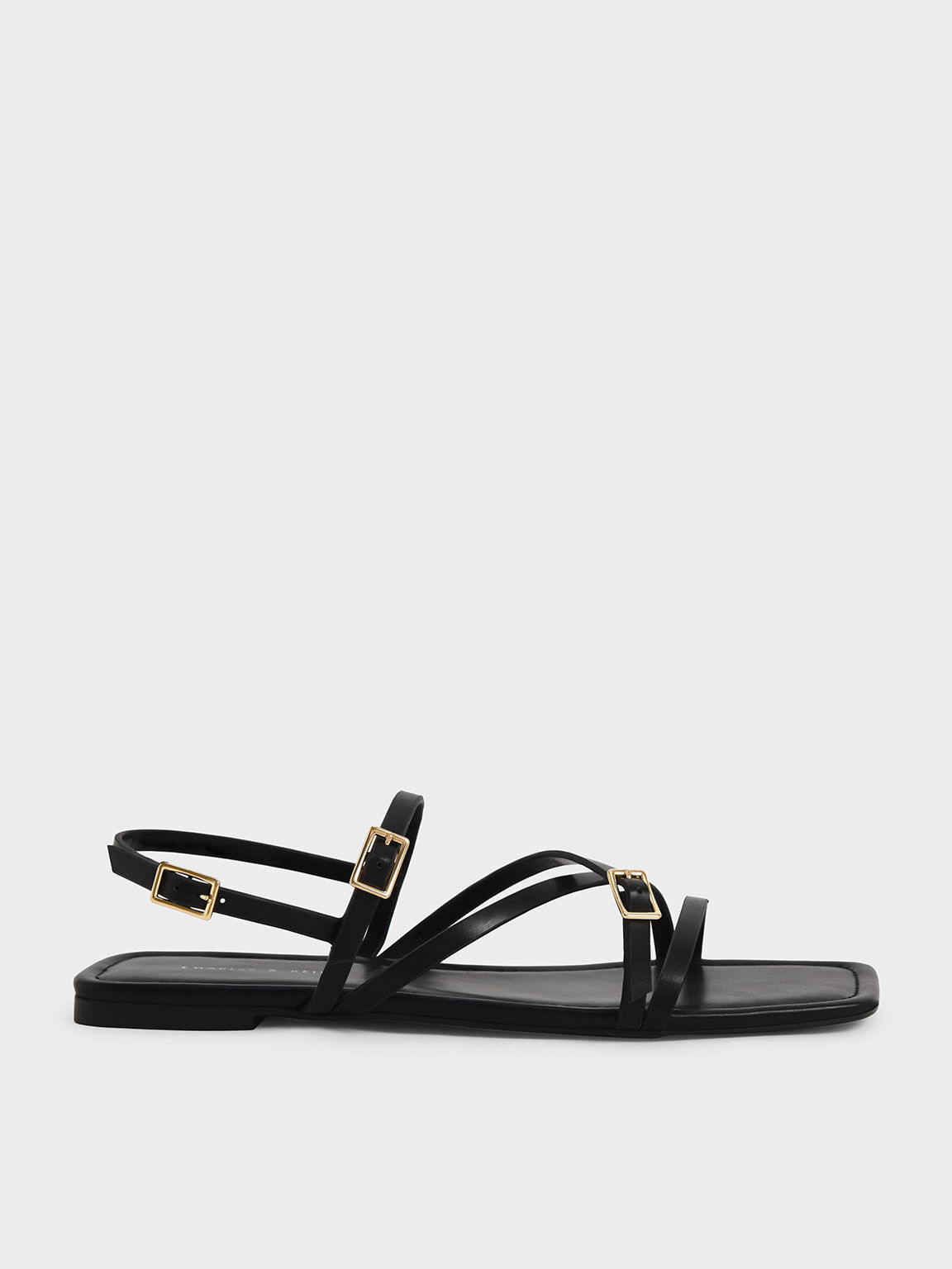Black Strappy Mini Buckle Flat Sandals - CHARLES & KEITH MO