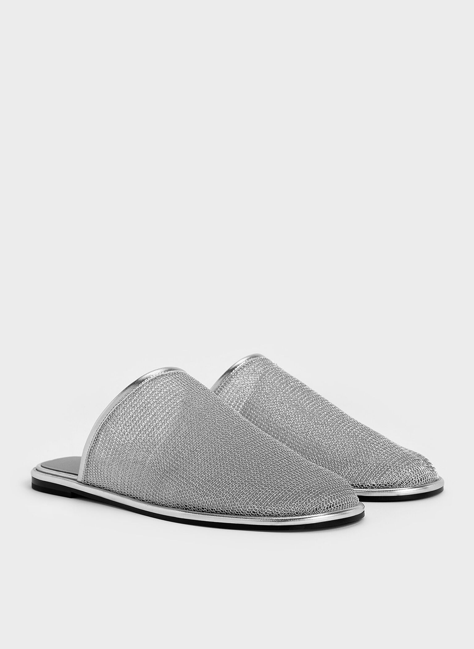 Mesh High-Vamp Flat Mules, Silver, hi-res