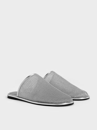 Mules planos de malla con empeine alto, Plateado, hi-res