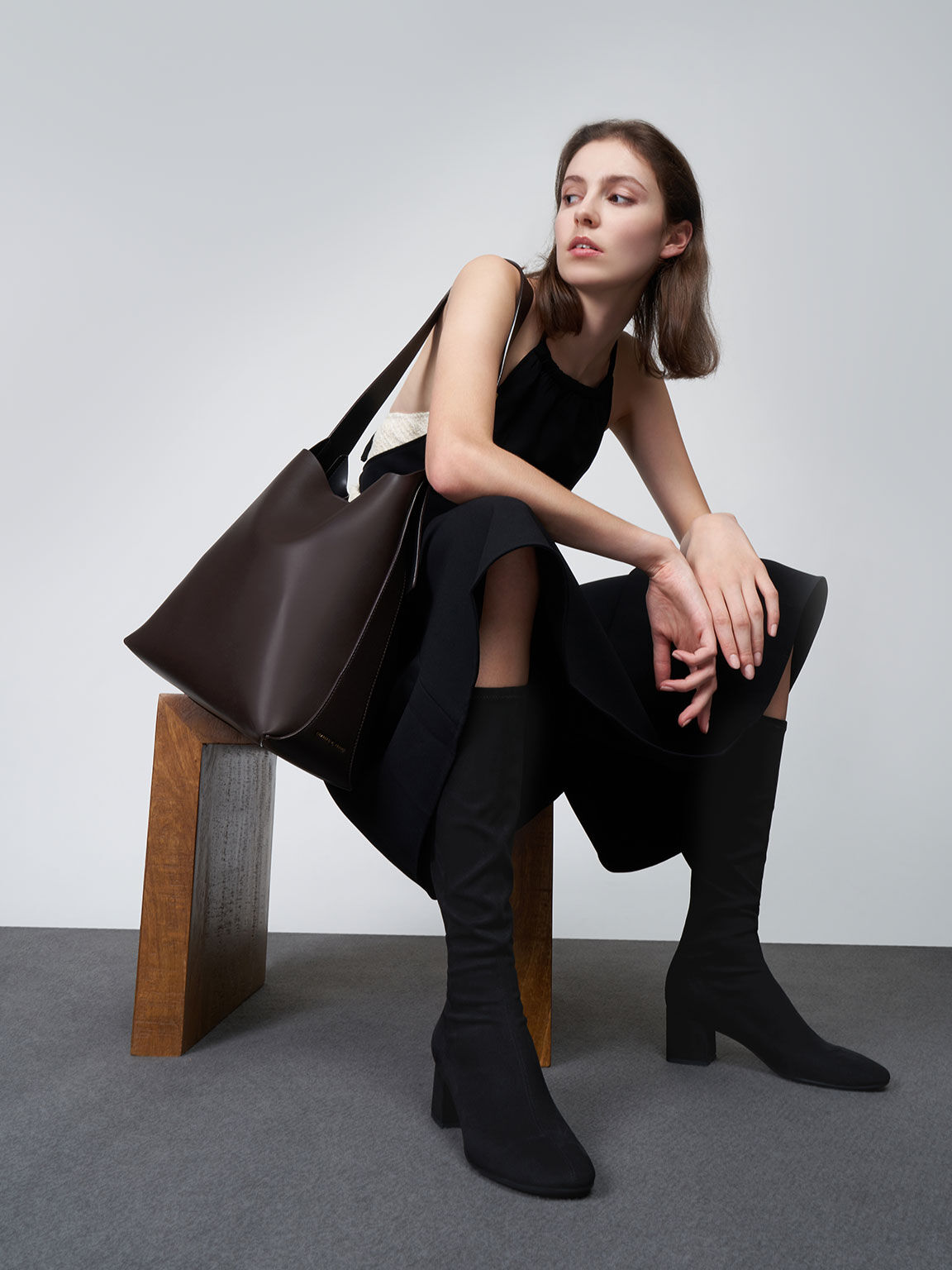 Textured Block Heel Knee Boots, Black Satin, hi-res