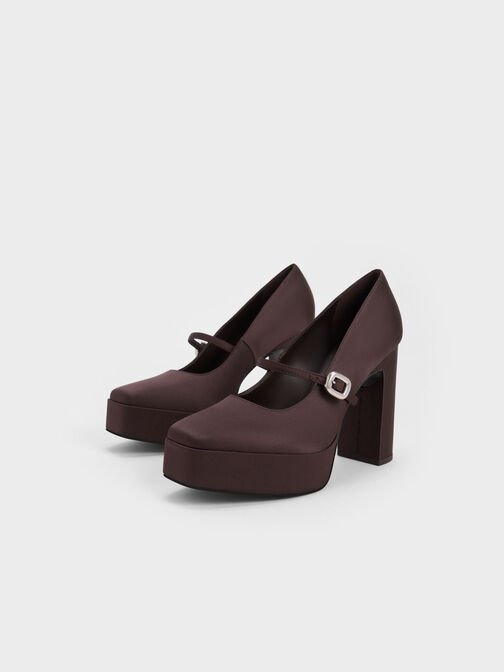 Satin Platform Mary Jane Pumps, Dark Brown, hi-res