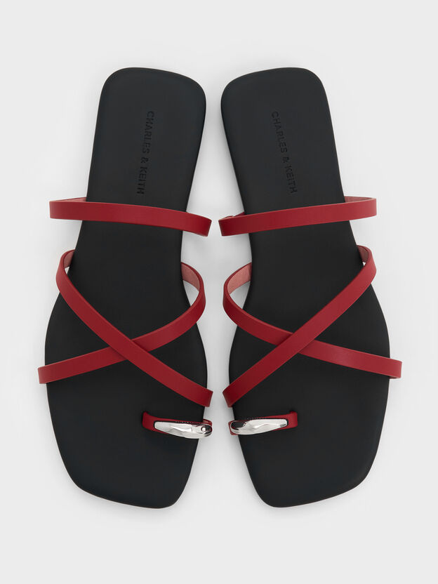 Metallic-Accent Strappy Toe-Ring Sandals, Red, hi-res