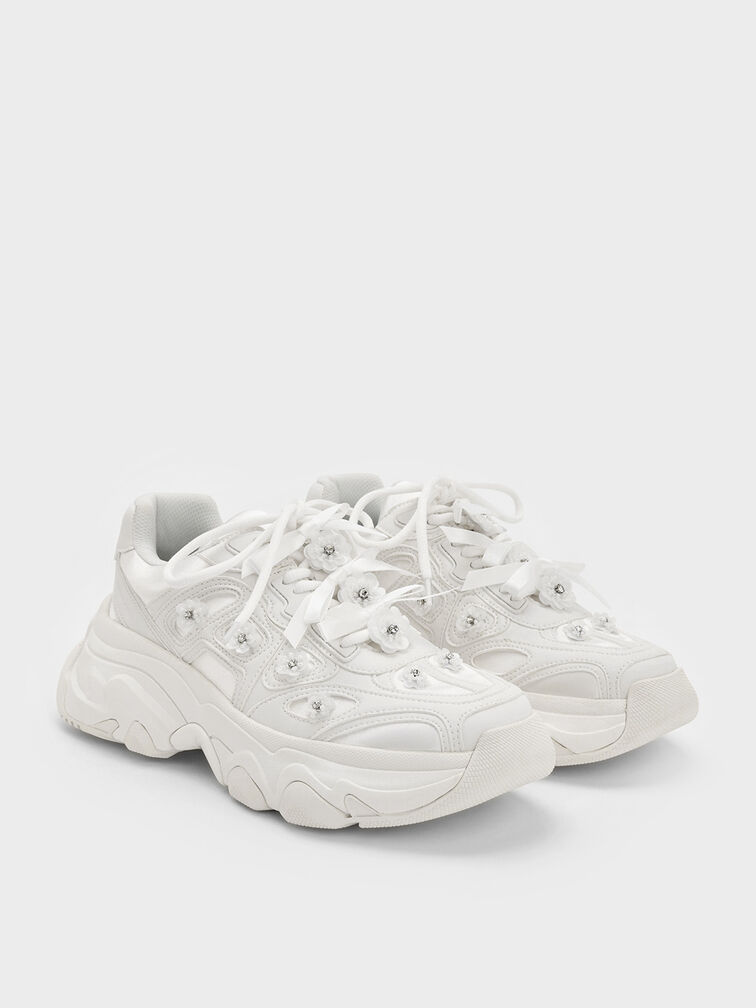 Gaskell Flower-Embellished Chunky Sneakers, White, hi-res