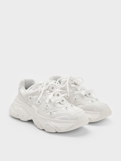 Gaskell Flower-Embellished Chunky Sneakers, White, hi-res