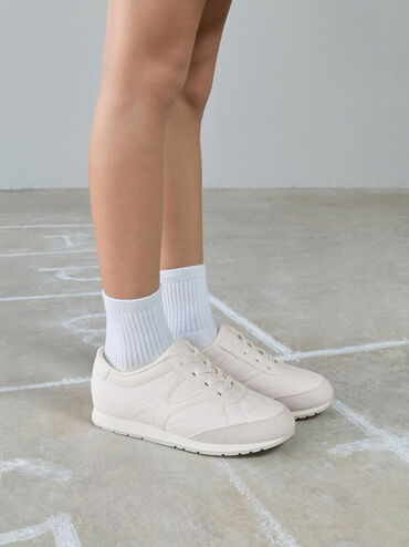 Girls' Faux Suede Low-Top Sneakers, White, hi-res