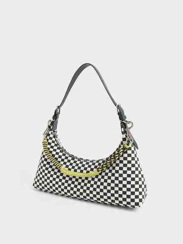 Coiled Handle Checkered Bag, Dark Green, hi-res