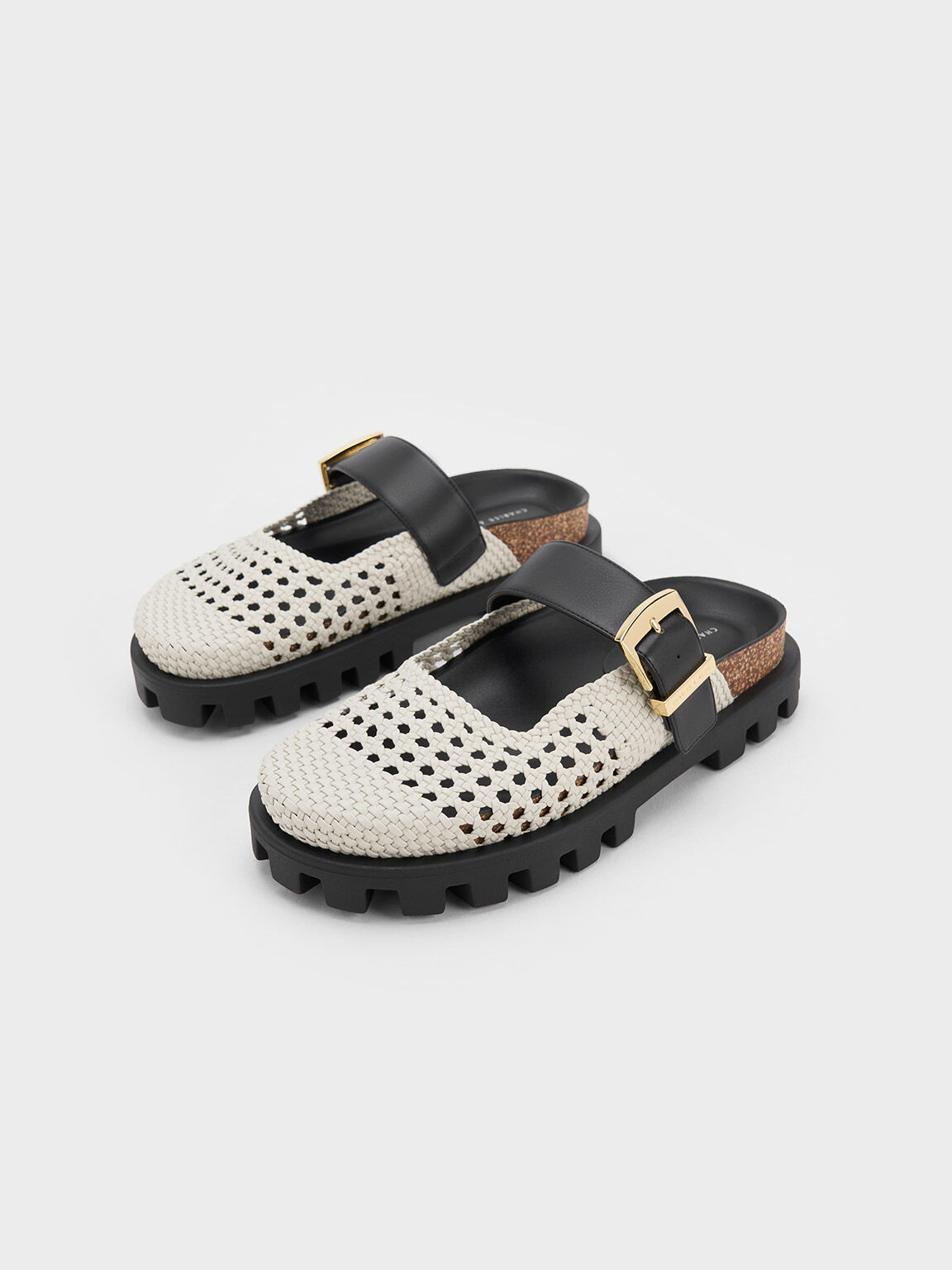 Woven Buckled Flat Mules, White, hi-res
