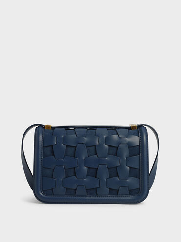 Weave Detail Shoulder Bag, Blue, hi-res