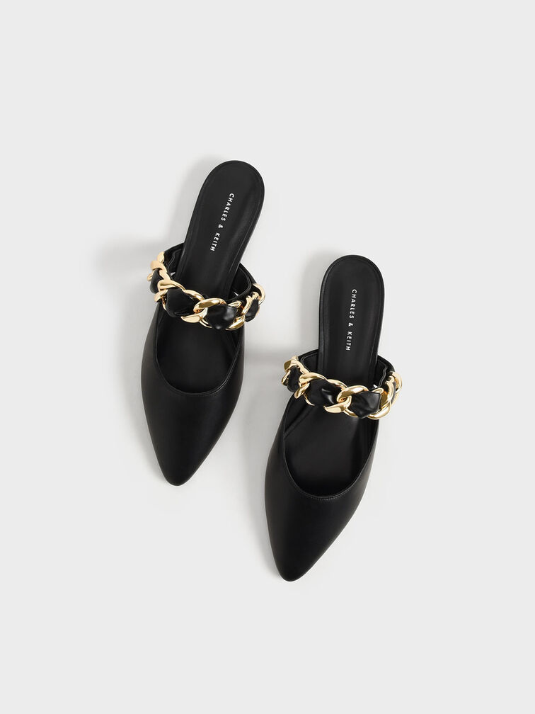 Braided Chain-Link Flat Mules, Black, hi-res