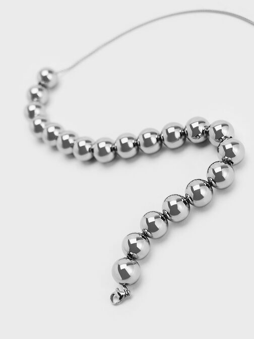 Metallic Beaded Necklace, Silver, hi-res