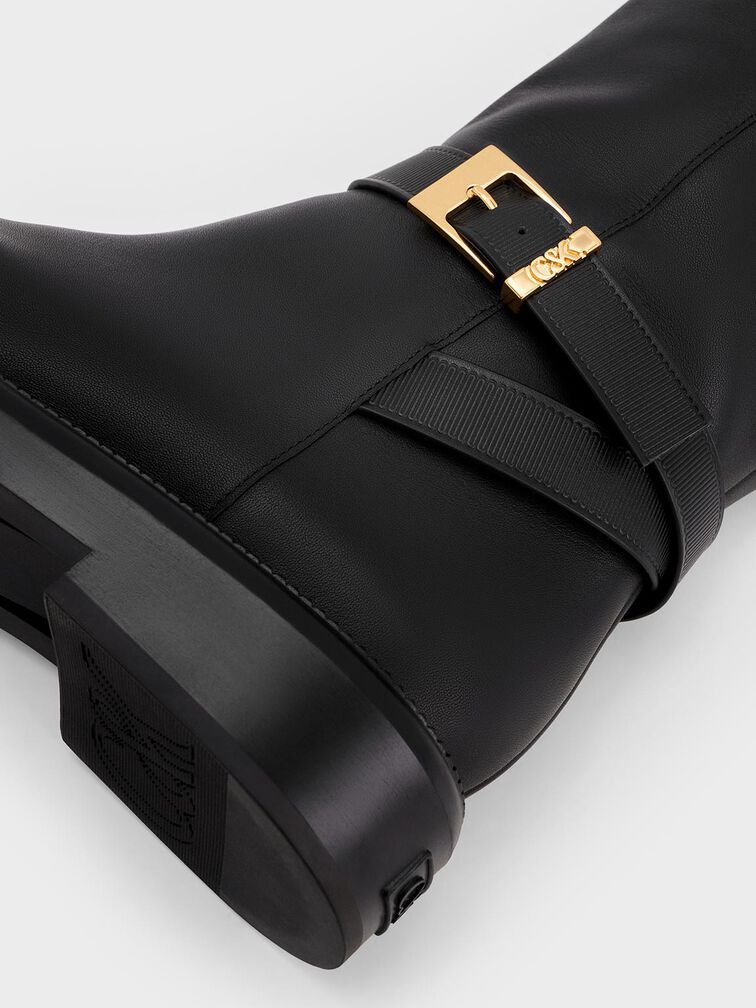 Botas altas de cuero con tira con hebilla, Negro, hi-res