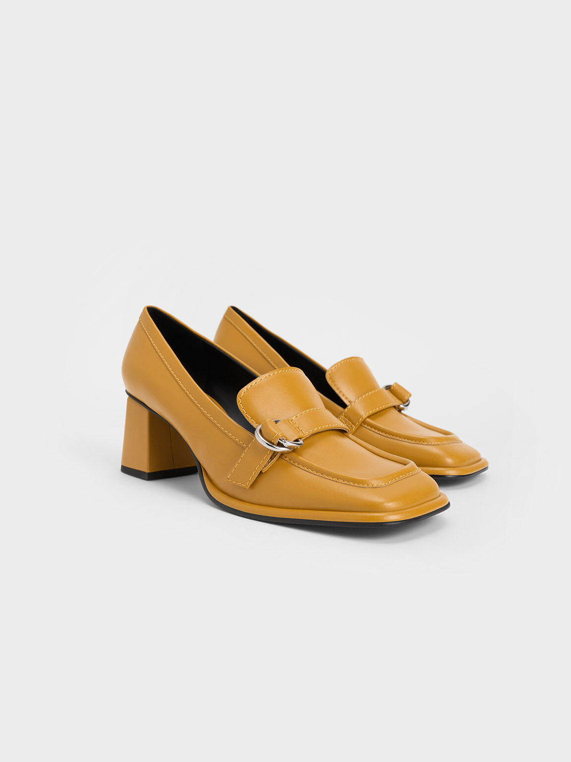 Metallic Buckle Penny Loafers, Mustard, hi-res