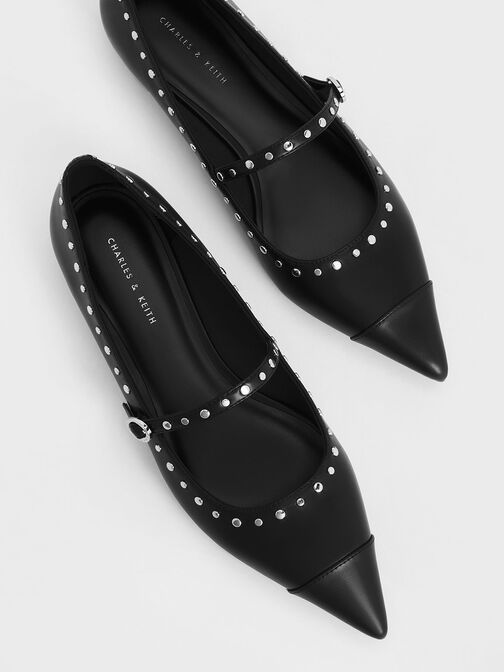 Studded Pointed-Toe Mary Jane Flats, Black, hi-res