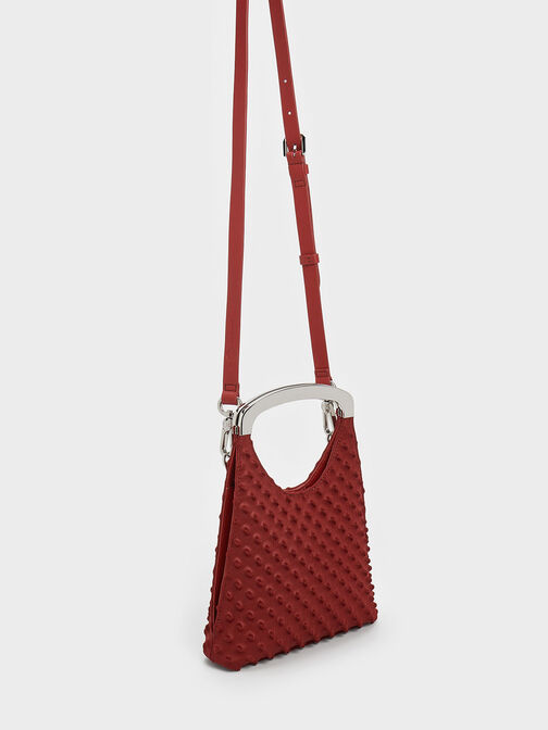 Spike Textured Metallic-Handle Bag, Red, hi-res