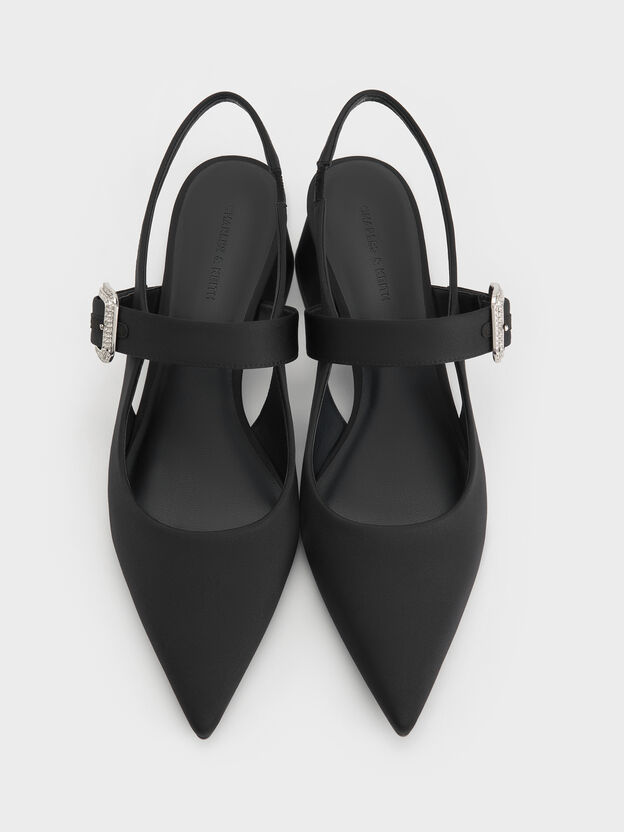 Zapatos de tac&oacute;n cuadrado con tira trasera y hebilla de cristal de sat&eacute;n, Negro texturizado, hi-res