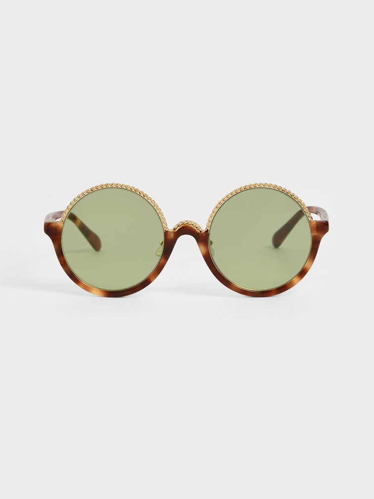 Tortoiseshell Half Frame Embellished Round Sunglasses, T. Shell, hi-res