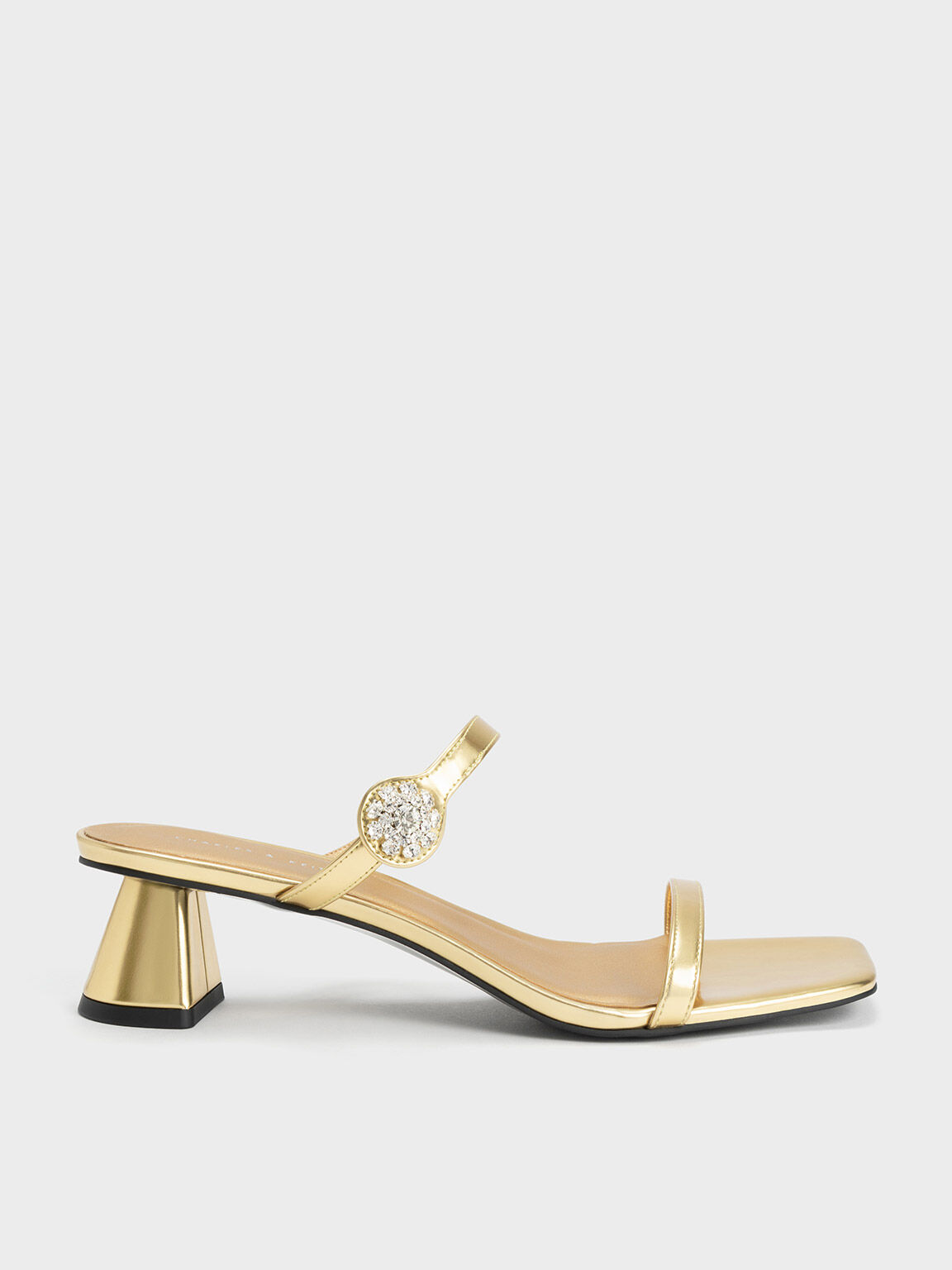 Gem Embellished Metallic Trapeze Heel Mules, Gold, hi-res