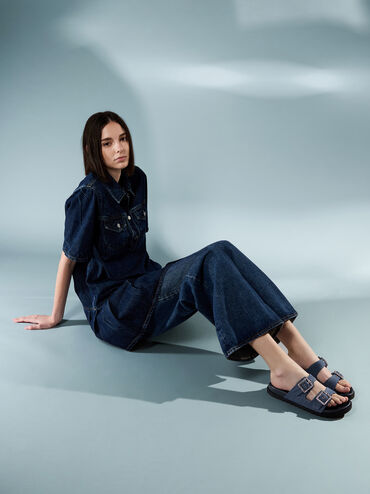 Sandalias denim de doble tira con hebilla adornada con gemas, Azul mezclilla, hi-res