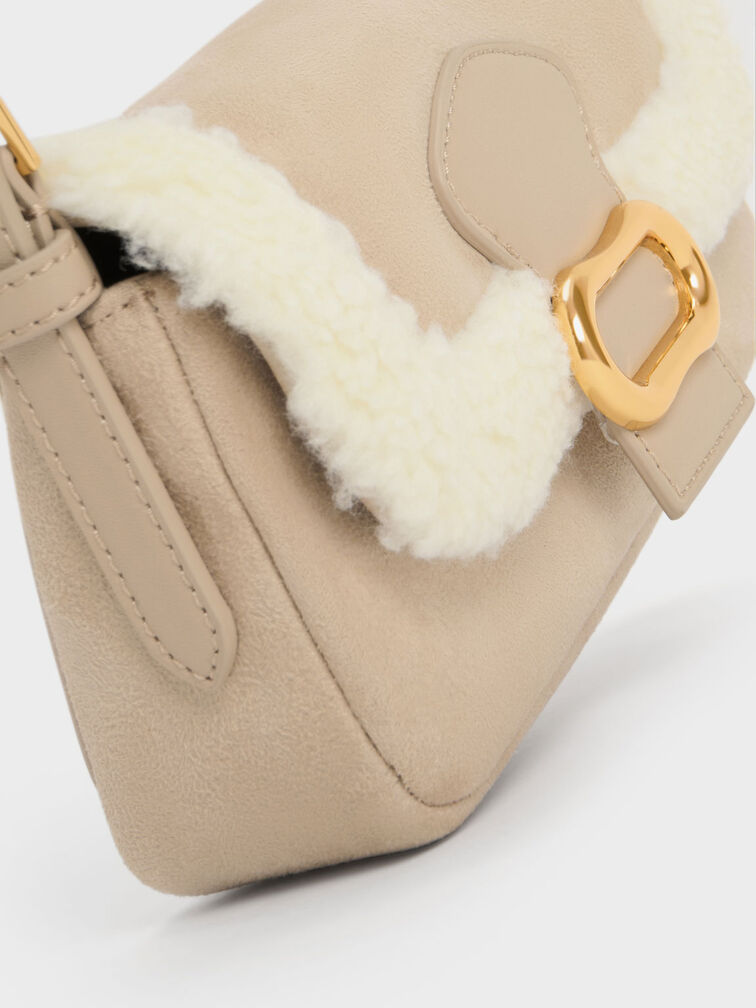 Daki Fur-Trim Belted Shoulder Bag, Beige, hi-res