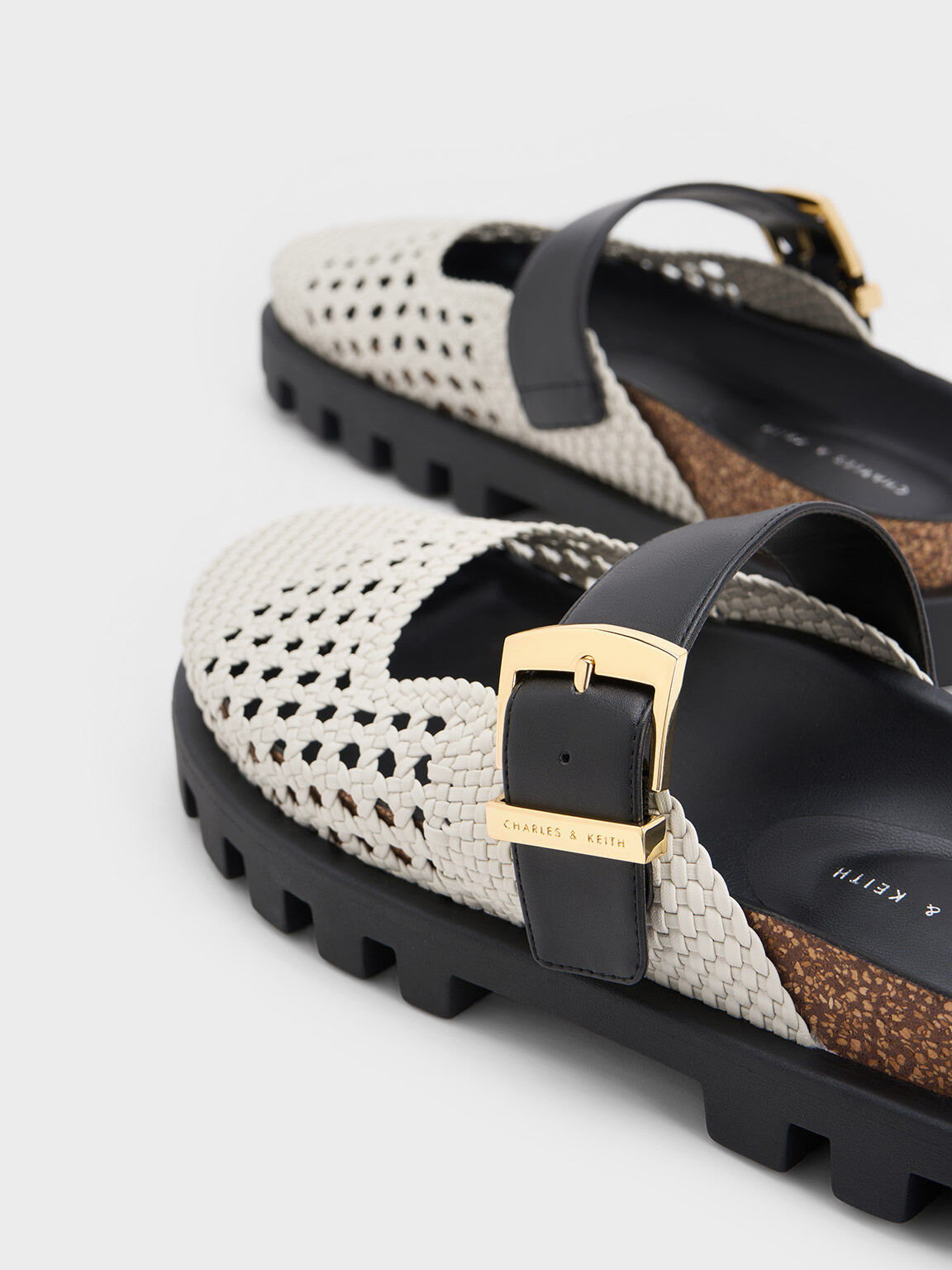 Woven Buckled Flat Mules, White, hi-res