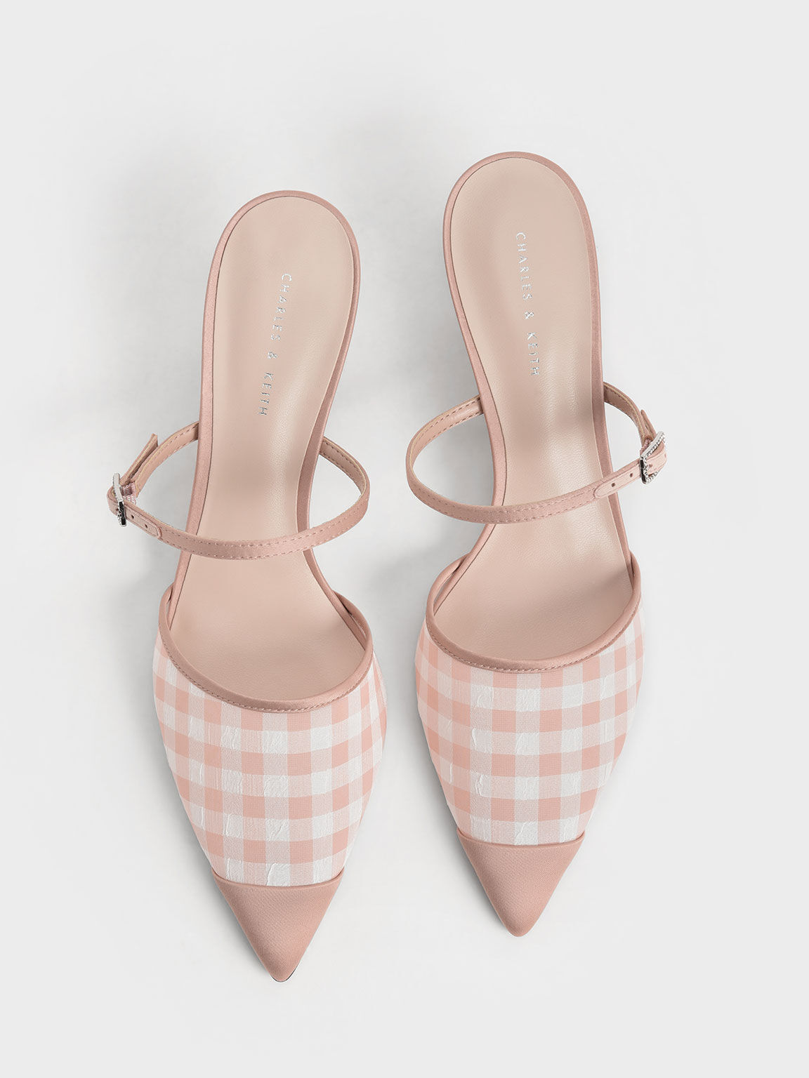 Satin & Check-Print Embellished-Buckle Mules, Blush, hi-res