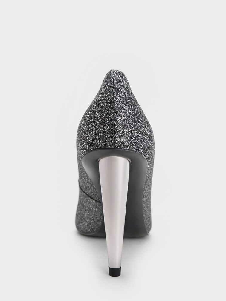 Tacones con tacón de cono y purpurina, Negro texturizado, hi-res