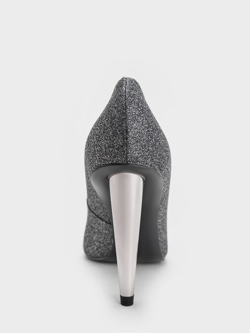 Glittered Cone-Heel Pointed-Toe Pumps, Black Textured, hi-res