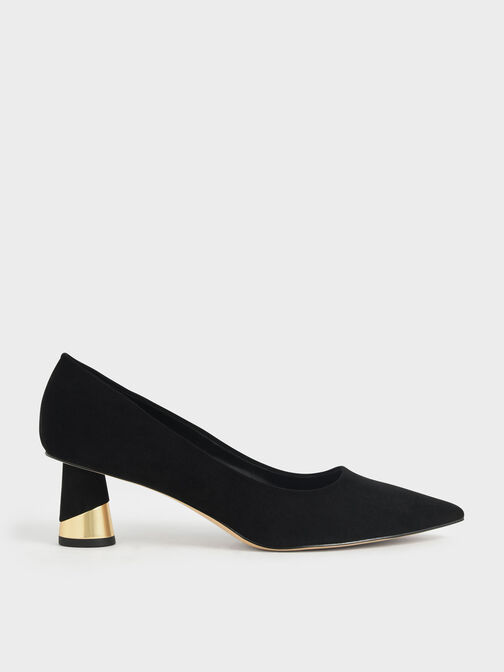 Metallic Sculptural Heel Textured Pumps, Black Textured, hi-res