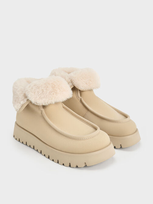 Textured Fur-Lined Ridged-Sole Ankle Boots, Beige, hi-res