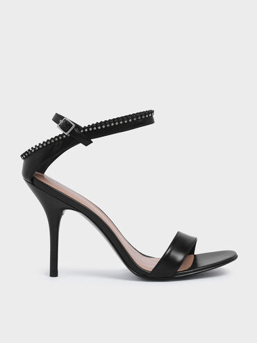 Gem Embellished Ankle Strap Heeled Sandals, Black, hi-res
