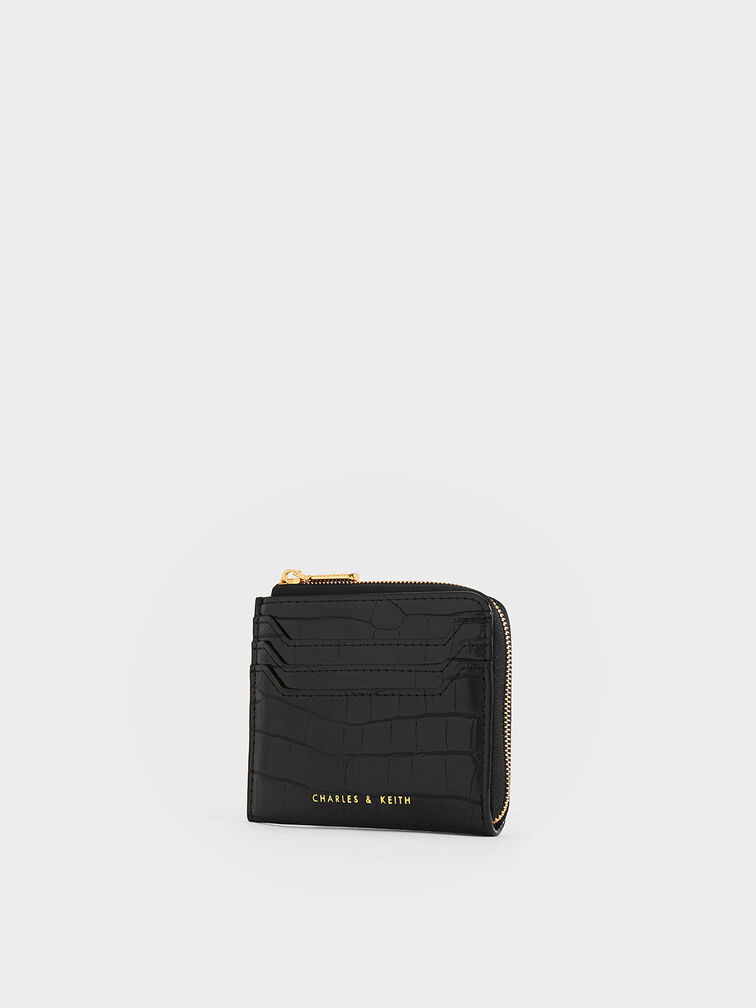 Croc-Embossed Zip-Around Cardholder, Black, hi-res