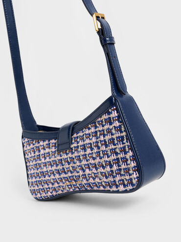 Bolso de hombro curvo Gabine de tweed, Azul marino, hi-res